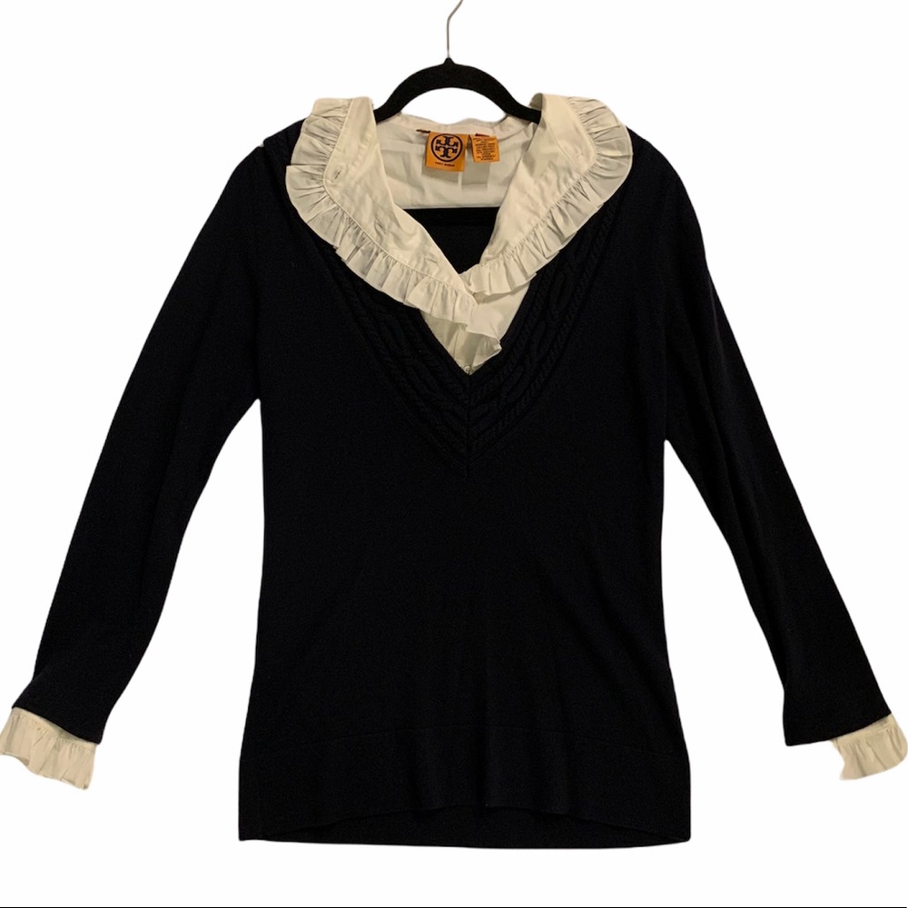 Tory Burch Merino Wool Ruffle Neck Sweater